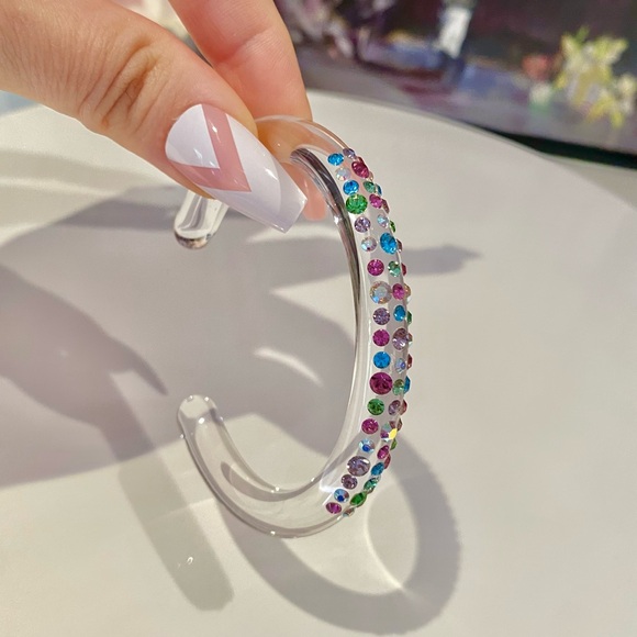 Transparent acrylic cuff bracelet with mixed Swarovski crystals rhinestones - Picture 3 of 11